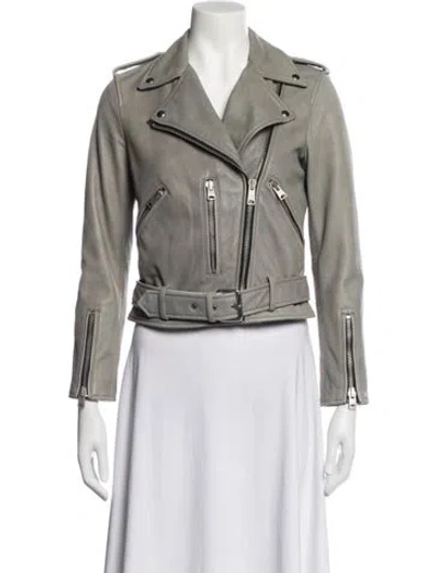 Pre-owned Allsaints Lamb Leather Biker Jacket In Grey