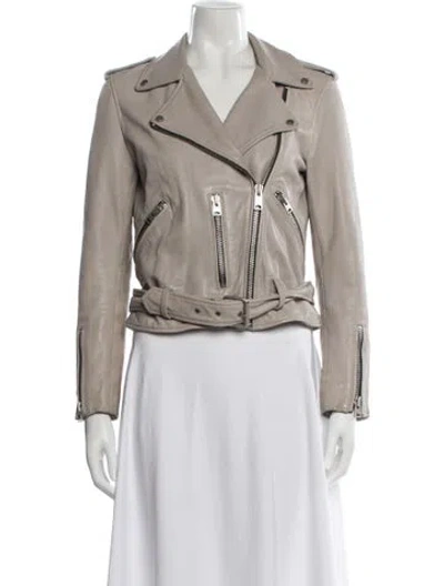 Pre-owned Allsaints Lamb Leather Biker Jacket In Grey/neutrals