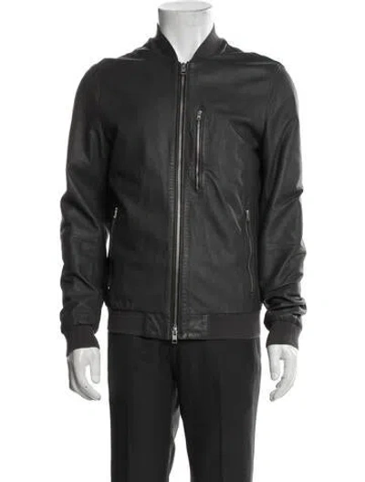 Pre-owned Allsaints Lamb Leather Bomber Jacket In Gray