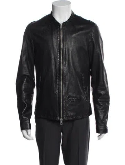 Pre-owned Allsaints Lamb Leather Moto Jacket In Blue