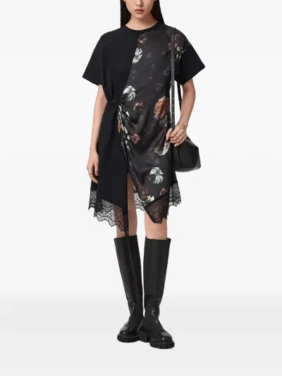 Allsaints Lana Floral-print Lace-trim Midi Dress In Black