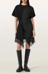 Allsaints Womens Black Lana Lace-embroidered Short-sleeve Cotton Mini Dress In Black