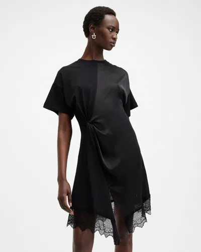 Allsaints Lana Lace Trim Mini T-shirt Dress In Black