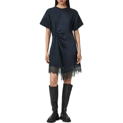 Allsaints Lana Mixed Media Lace Trim T-shirt Minidress In Blue