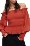 Allsaints Lara Shirred Off-the-shoulder Peplum Top In Red Clay