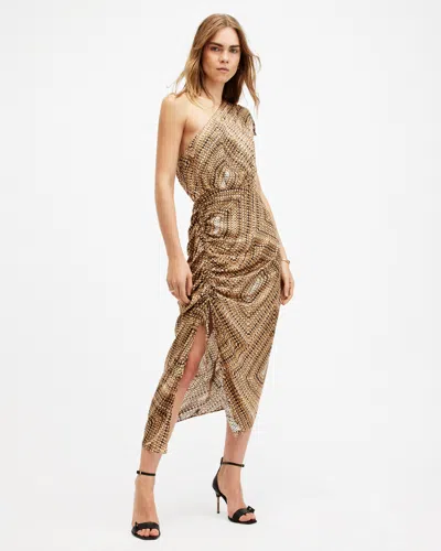Allsaints Laura Silk Blend One Shoulder Maxi Dress In Brown