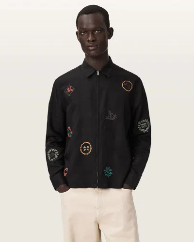 Allsaints Laurel Long Sleeve Embroidered Zip Up Shirt In Black