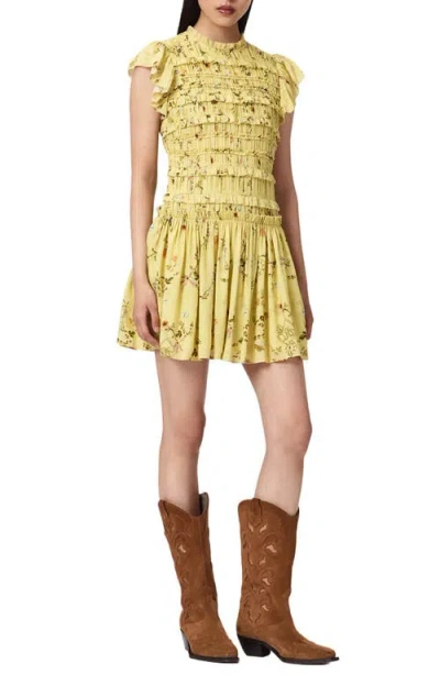 Allsaints Lauren Floral Smock Bodice Minidress In Yellow