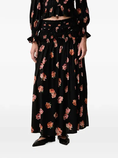 Allsaints Lauren Floral-print Ruffled Midi Skirt In Black