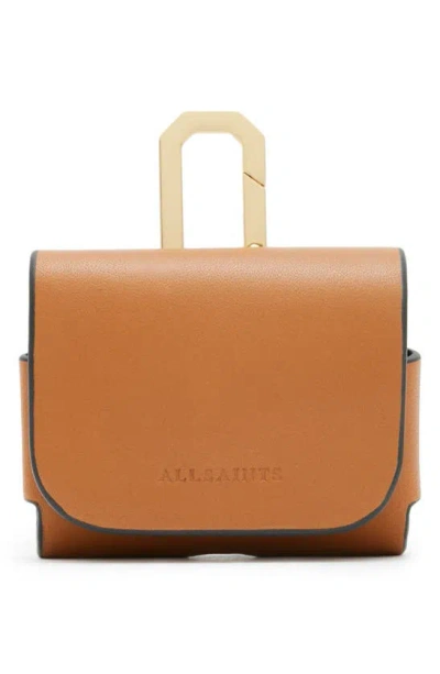 Allsaints Logo-debossed Leather Airpod Case In Desert Tan