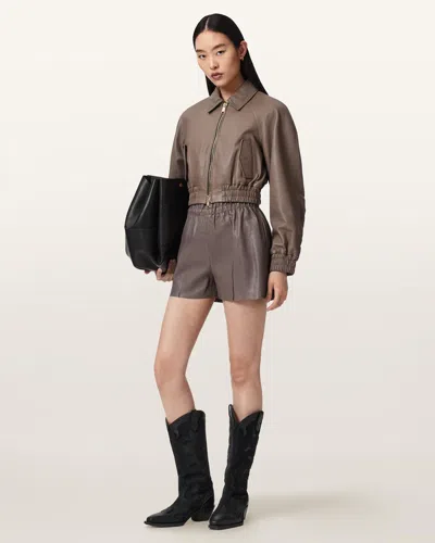 Allsaints Leather Anouk Cropped Leather Bomber Jacket In Brown