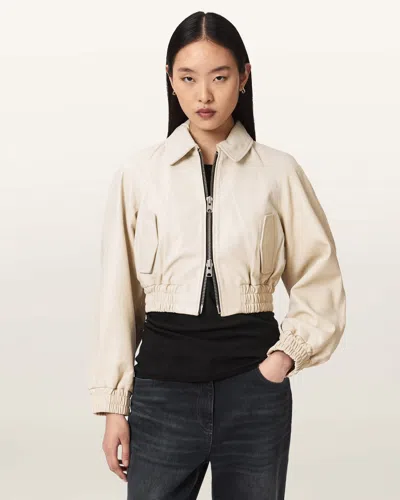 Allsaints Leather Anouk Cropped Leather Bomber Jacket In White