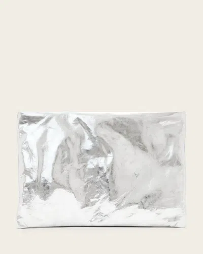 Allsaints Leather Bettina Oversized Metallic Leather Clutch Bag In Silver