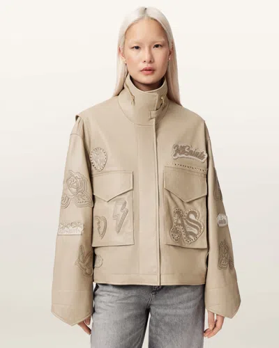 Allsaints Leather Clay Oversized Leather Patch Jacket In Brown