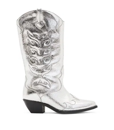Allsaints Dolly Western Metallic Leather Boots In Metallic Silve
