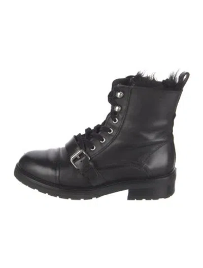 Pre-owned Allsaints Leather Fur Trim Combat Boots In Black