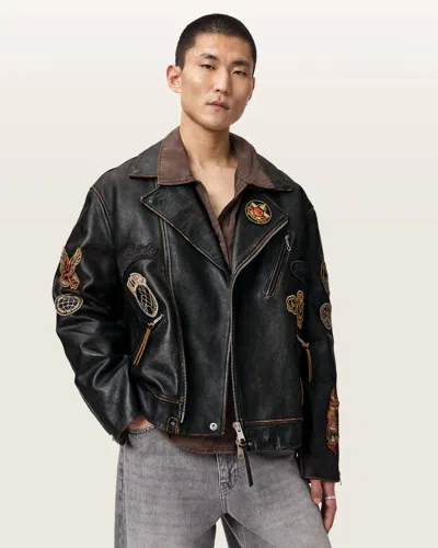 Allsaints Leather Hays Leather Biker Patch Jacket In Black