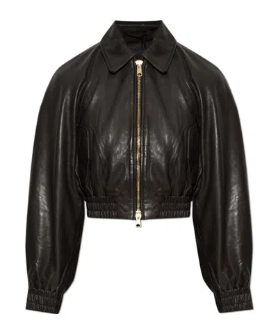 Allsaints Anouk Cropped Leather Bomber Jacket In Brown