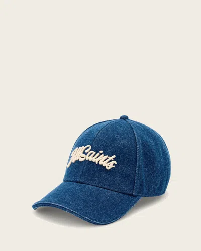 Allsaints Leather Odyssey Denim Baseball Cap In Blue