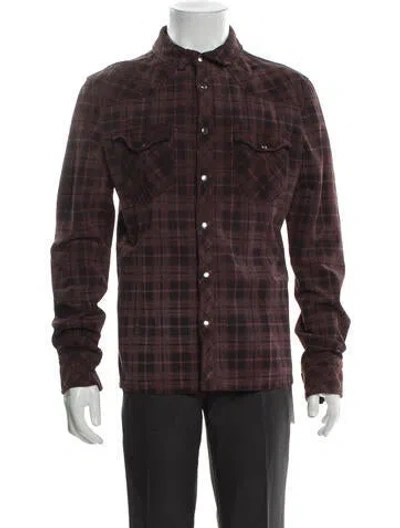 Pre-owned Allsaints Leather Plaid Print Utility Jacket In Brown