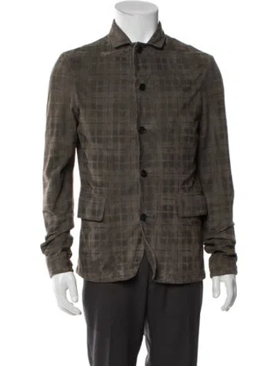 Pre-owned Allsaints Leather Plaid Print Utility Jacket In Green