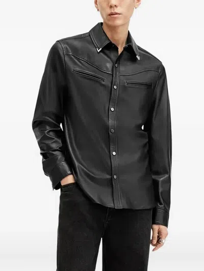 Allsaints Leather Point-collar Shirt In Black