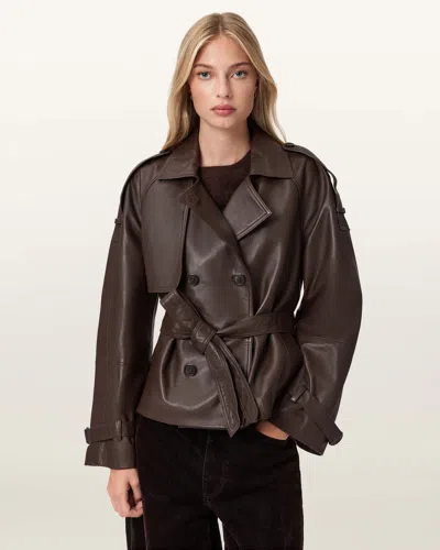 Allsaints Leather Reed Cropped Leather Trench In Brown