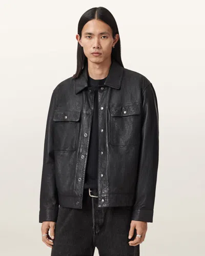Allsaints Leather Shelton Leather Trucker Jacket In Black