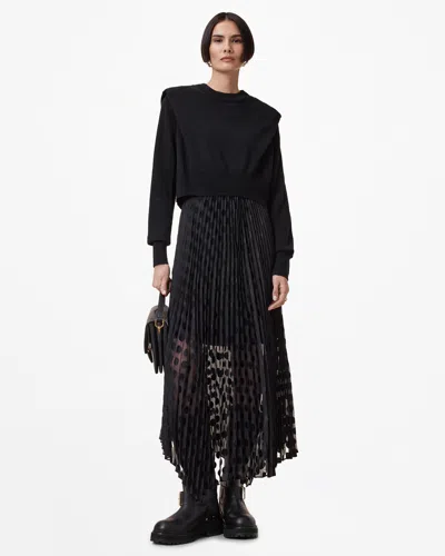 Allsaints Leia Dott 2-in-1 Pleated Midi Dress In Black