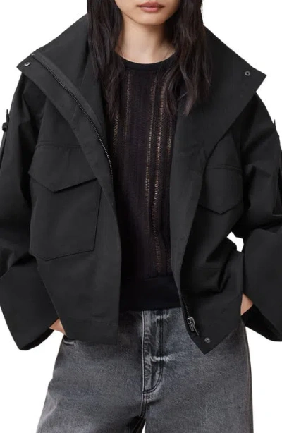 Allsaints Womens Black Leighton Stand-collar Long-sleeve Cotton Jacket