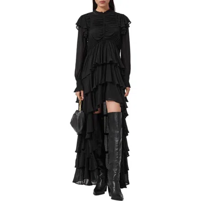 Allsaints Leila Layered Ruffle Long Sleeve High-low Maxi Dress In Black