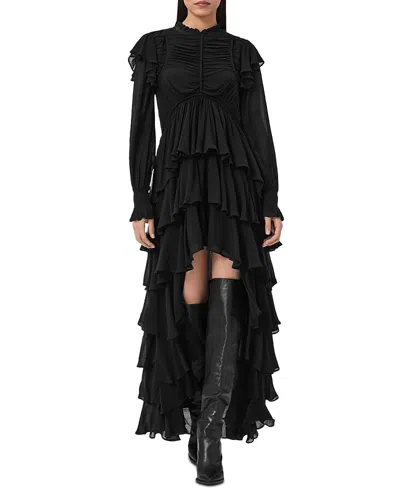 Allsaints Leila Layered Ruffle Long Sleeve High-low Maxi Dress In Black