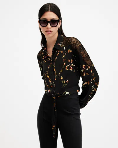 Allsaints Len Printed Cropped Tie Up Shirt In Kateri Black