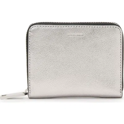 Allsaints Lena Hex Metallic Leather Zip Wallet In Silver