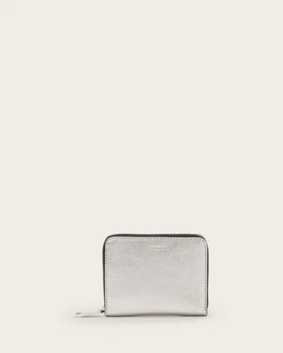 Allsaints Lena Hex Metallic Leather Zip Wallet In Silver