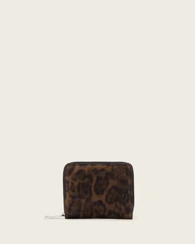 Allsaints Lena Leopard Print Suede Wallet In Brown
