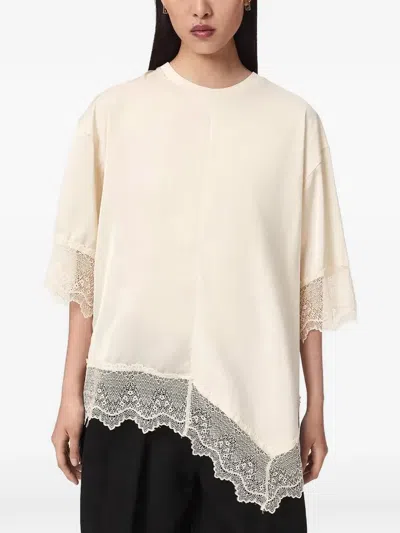 Allsaints Lenny Lace-trim Asymmetric T-shirt In Nude