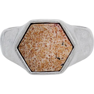 Allsaints Leopard Skin Jasper Stone Hexagon Signet Ring In Warm Silver