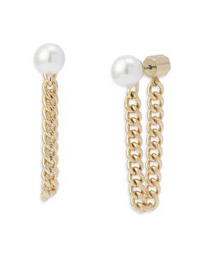 Allsaints Lex Imitation Pearl Swag Chain Front To Back Earrings In Gold