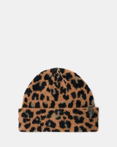Allsaints Lex Leopard Print Brushed Beanie In Camel Brown