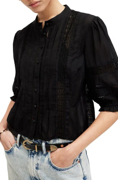 Allsaints Libby Slim Puff Sleeve Embroidered Shirt In Black