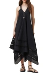Allsaints Womens Lil Embroidered-trim Asymmetric-hem Cotton Maxi Dress Black In Black