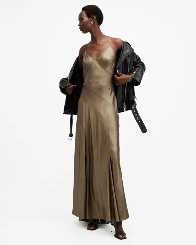 Allsaints Lili Metallic Panelled Maxi Dress In Metallic Gold