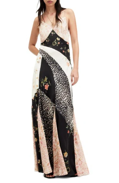 Allsaints Lili Tanana Patchwork Maxi Slipdress In Black/pink