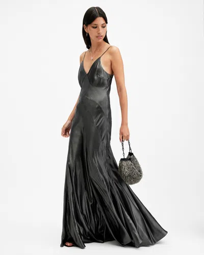 Allsaints Lili Tanana Printed Maxi Dress In Metallic Grey