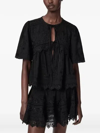 Allsaints Lillith Embroidered Short-sleeve Blouse In Schwarz