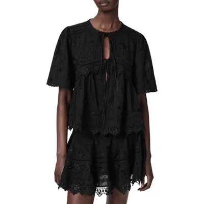 Allsaints Lillith Floral Embroidered Lace Trim Tie Front Top In Black