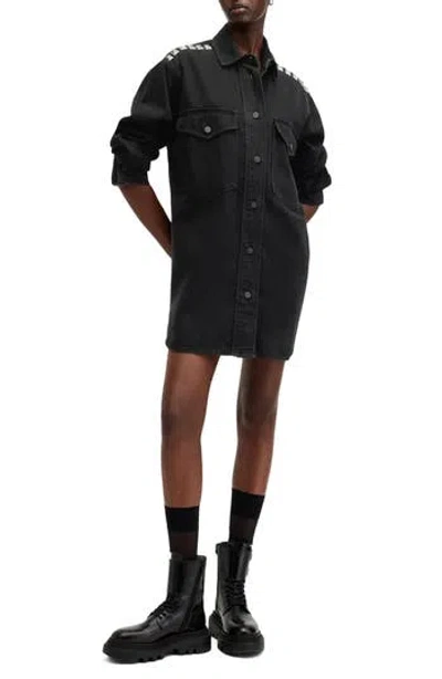 Allsaints Lily Denim Studded Long Sleeve Shirtdress In Black