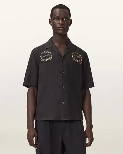 Allsaints Linen Klavicle Short Sleeve Linen Embroidered Shirt In Black