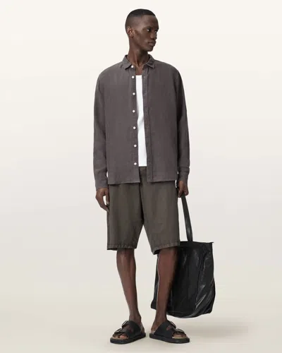 Allsaints Linen Loom Long Sleeve Linen Shirt In Blue